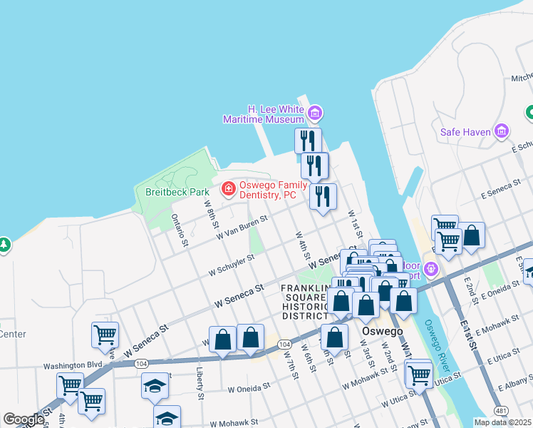 map of restaurants, bars, coffee shops, grocery stores, and more near 22 West 4th Street in Oswego