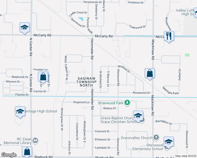 map of restaurants, bars, coffee shops, grocery stores, and more near 3710 Hemmeter Road in Saginaw