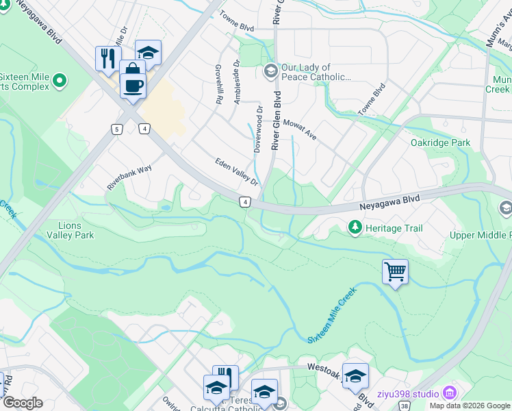 map of restaurants, bars, coffee shops, grocery stores, and more near Neyagawa Boulevard in Oakville