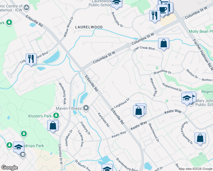 map of restaurants, bars, coffee shops, grocery stores, and more near 276 Carrington Place in Waterloo