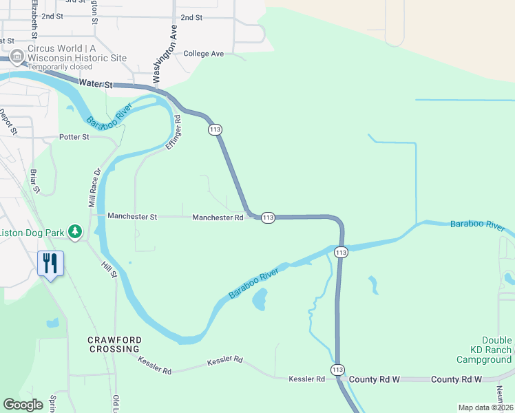 map of restaurants, bars, coffee shops, grocery stores, and more near S5096 Wisconsin 113 in Baraboo
