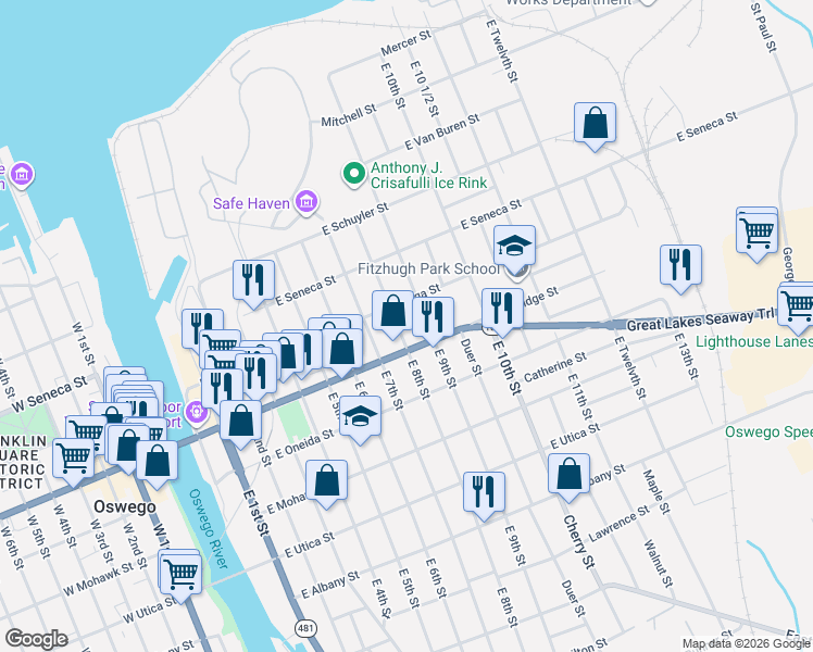 map of restaurants, bars, coffee shops, grocery stores, and more near 152 East 9th Street in Oswego
