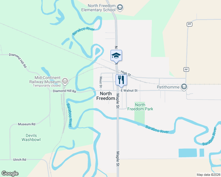 map of restaurants, bars, coffee shops, grocery stores, and more near 107 Leider Street in North Freedom