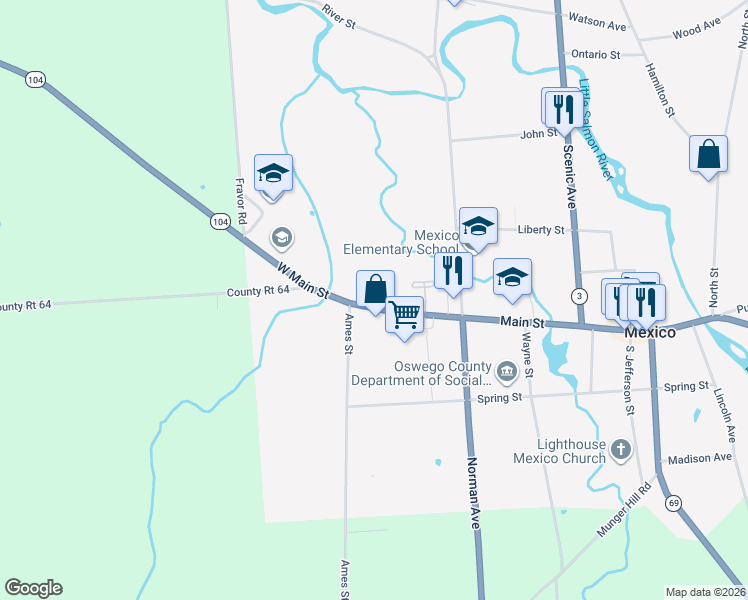 map of restaurants, bars, coffee shops, grocery stores, and more near 3398 New York 104 in Mexico