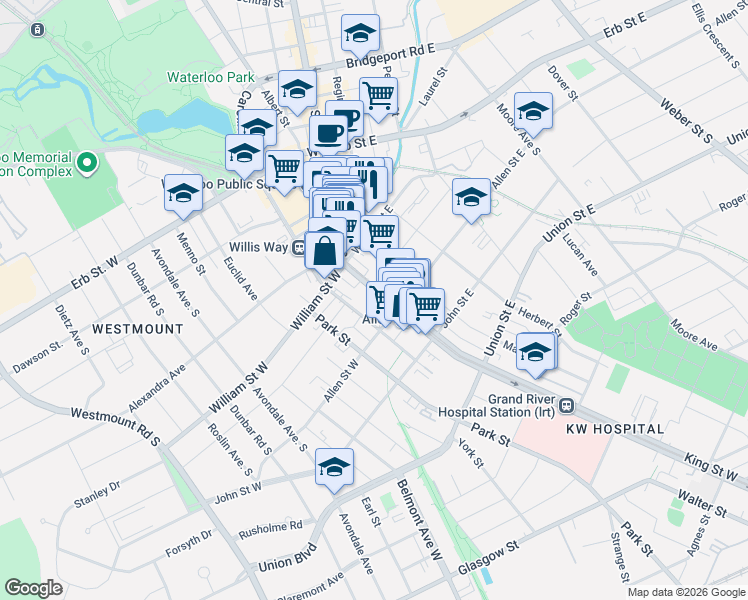 map of restaurants, bars, coffee shops, grocery stores, and more near 172 Waterloo Regional Road 15 in Waterloo