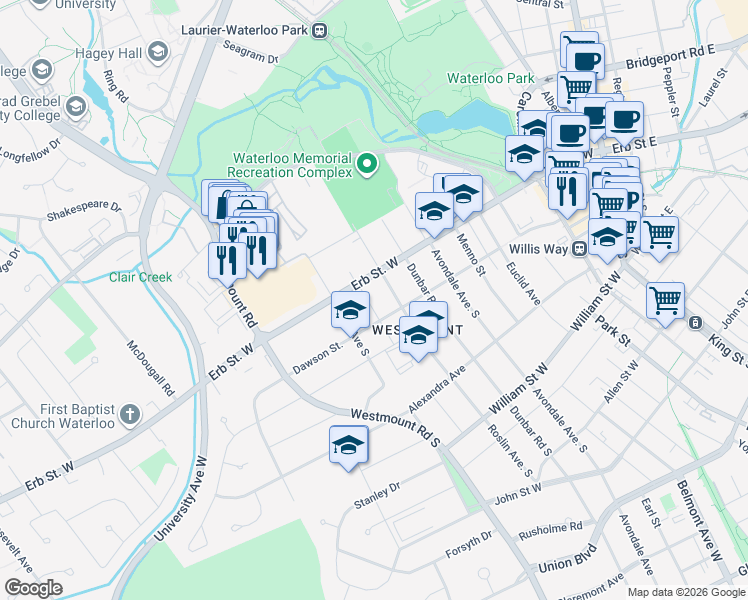 map of restaurants, bars, coffee shops, grocery stores, and more near 12 Beverley Street in Waterloo