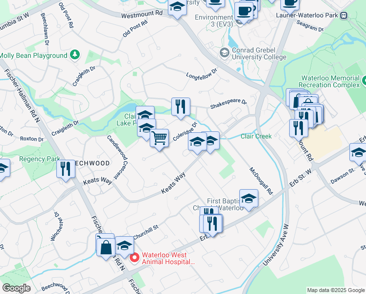 map of restaurants, bars, coffee shops, grocery stores, and more near 98 Keats Walk in Waterloo