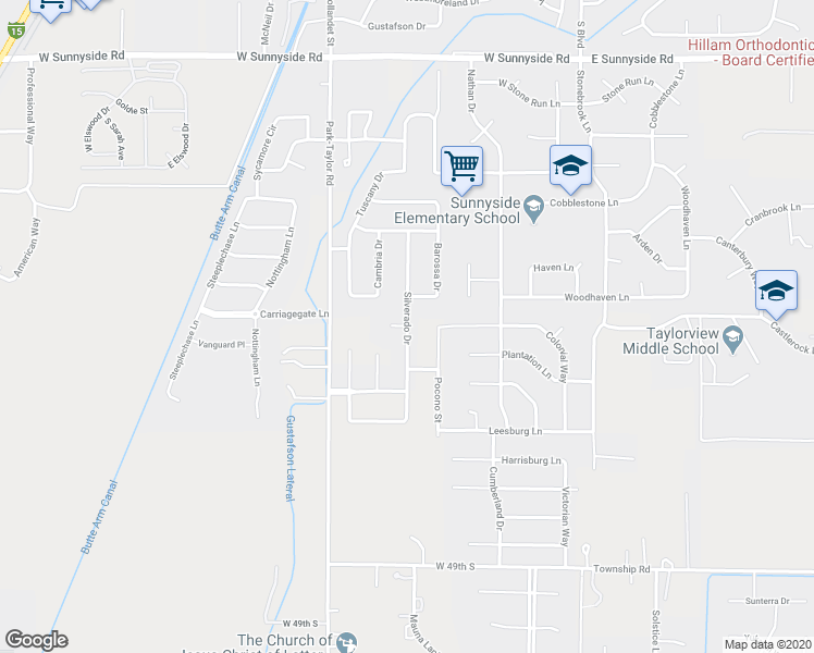 map of restaurants, bars, coffee shops, grocery stores, and more near 4130 Silverado Drive in Idaho Falls