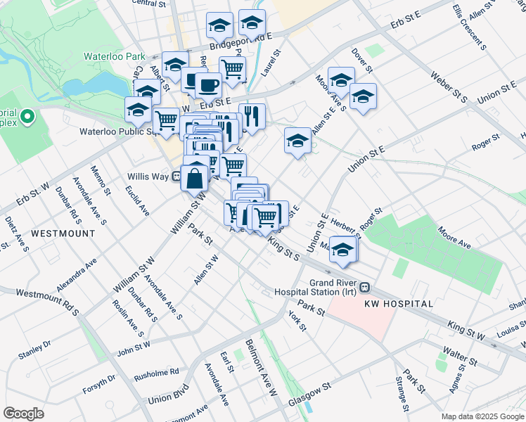 map of restaurants, bars, coffee shops, grocery stores, and more near 18 Allen Street East in Waterloo