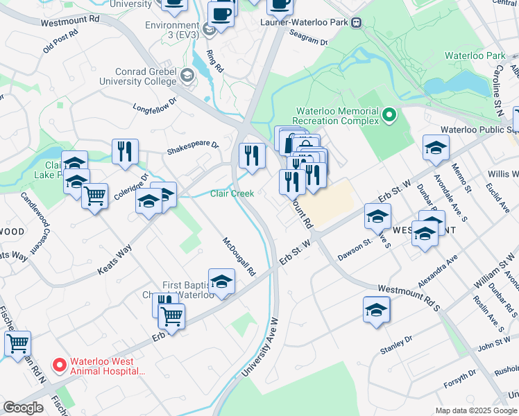 map of restaurants, bars, coffee shops, grocery stores, and more near 271 Westcourt Place in Waterloo