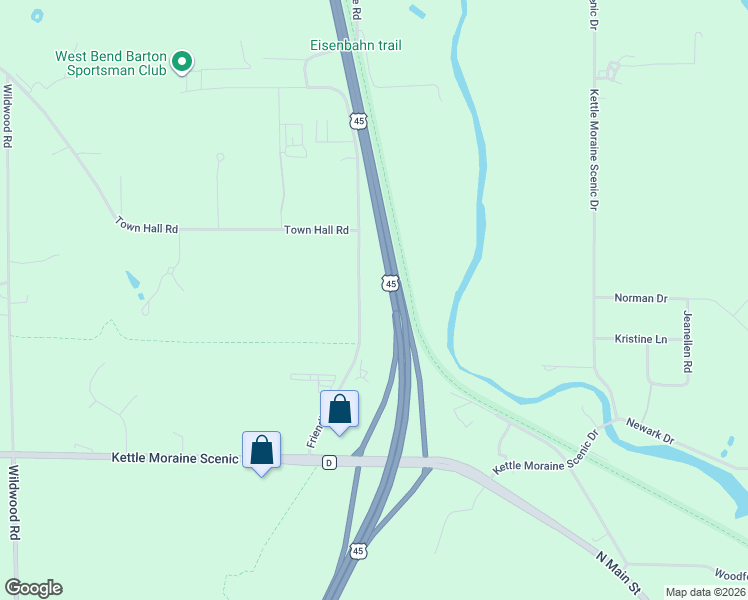 map of restaurants, bars, coffee shops, grocery stores, and more near 7450 Friendly Drive in Kewaskum