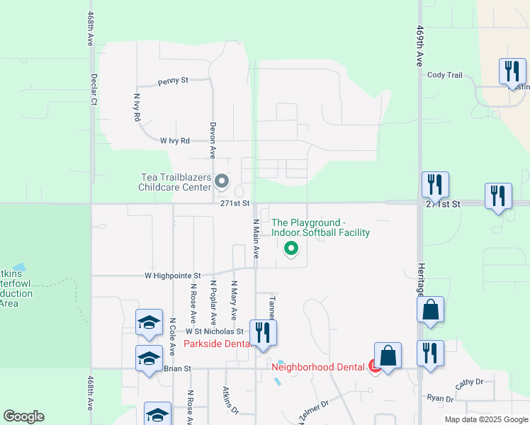 map of restaurants, bars, coffee shops, grocery stores, and more near 46853 271st Street in Tea