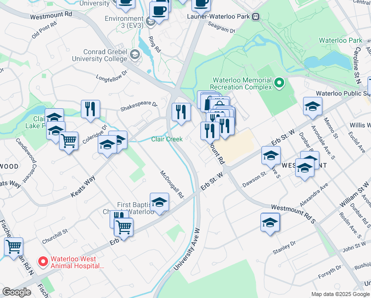 map of restaurants, bars, coffee shops, grocery stores, and more near 265 Westcourt Place in Waterloo