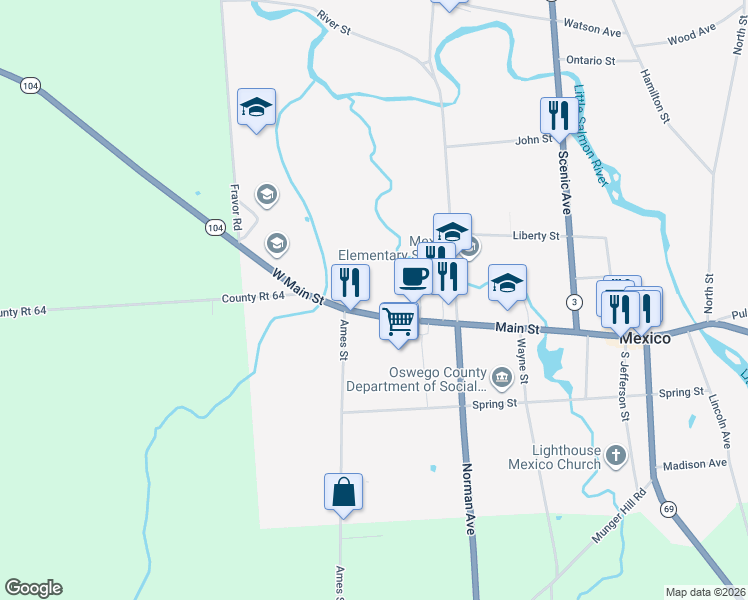 map of restaurants, bars, coffee shops, grocery stores, and more near 3398 New York 104 in Mexico