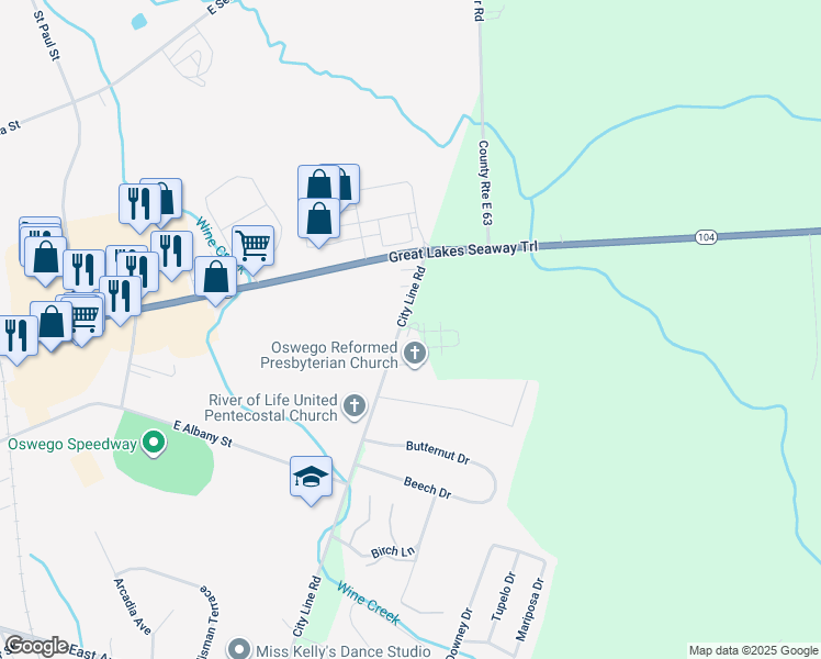 map of restaurants, bars, coffee shops, grocery stores, and more near 5324-5362 City Line Road in Oswego
