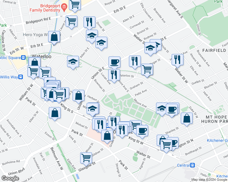 map of restaurants, bars, coffee shops, grocery stores, and more near in Waterloo