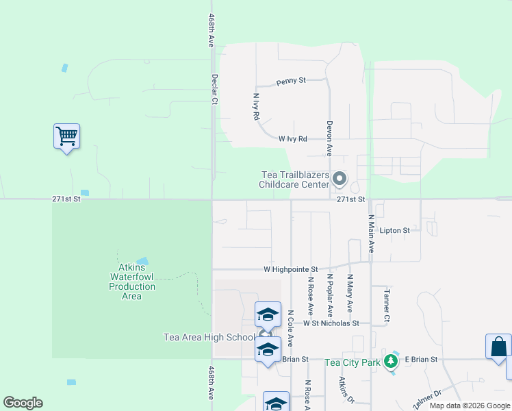 map of restaurants, bars, coffee shops, grocery stores, and more near 46801-46831 271st Street in Tea