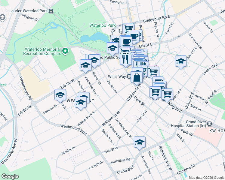 map of restaurants, bars, coffee shops, grocery stores, and more near 59 Euclid Avenue in Waterloo