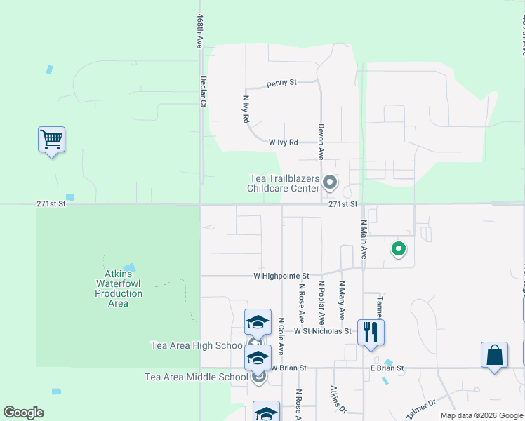 map of restaurants, bars, coffee shops, grocery stores, and more near 46801-46831 271st Street in Tea