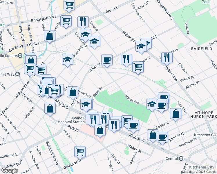 map of restaurants, bars, coffee shops, grocery stores, and more near 170 Lucan Avenue in Waterloo