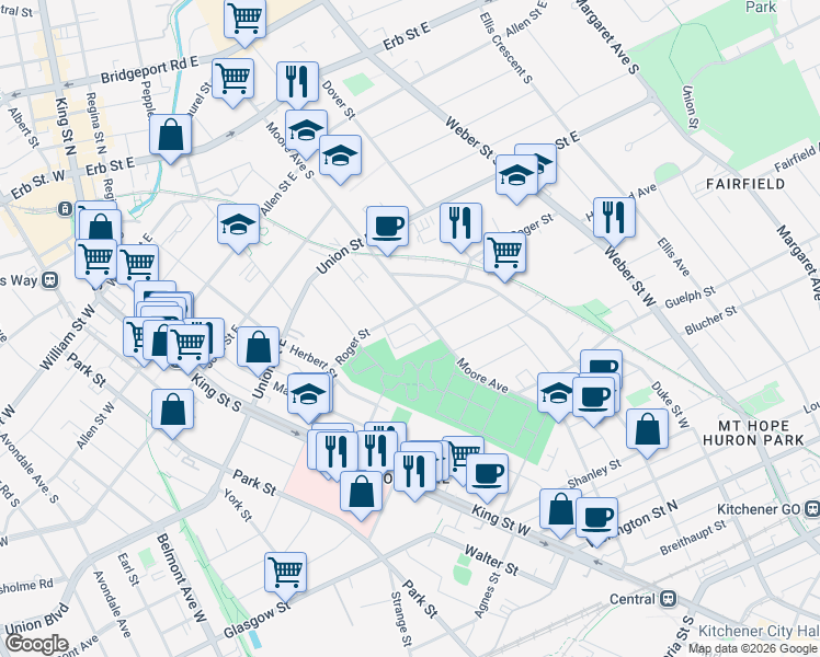 map of restaurants, bars, coffee shops, grocery stores, and more near 99 Roger Street in Waterloo