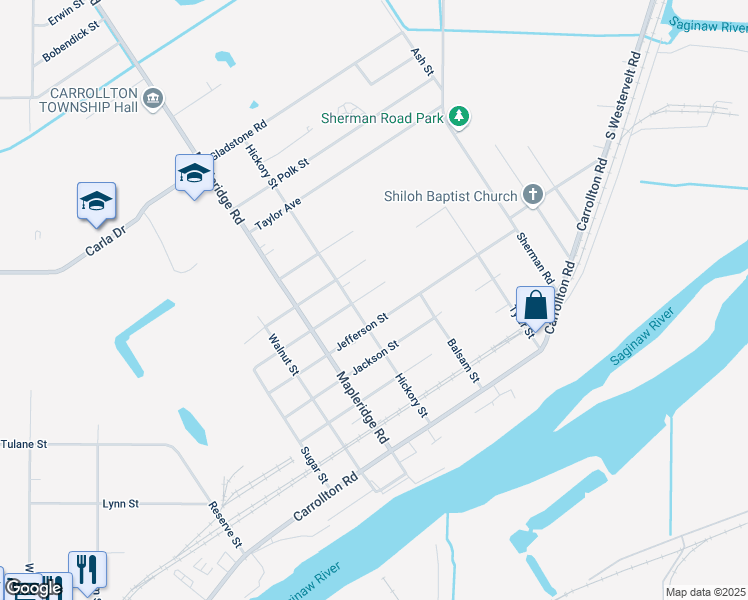 map of restaurants, bars, coffee shops, grocery stores, and more near 3640 Monroe Street in Saginaw
