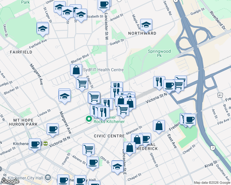 map of restaurants, bars, coffee shops, grocery stores, and more near 449 Wellington Street North in Kitchener