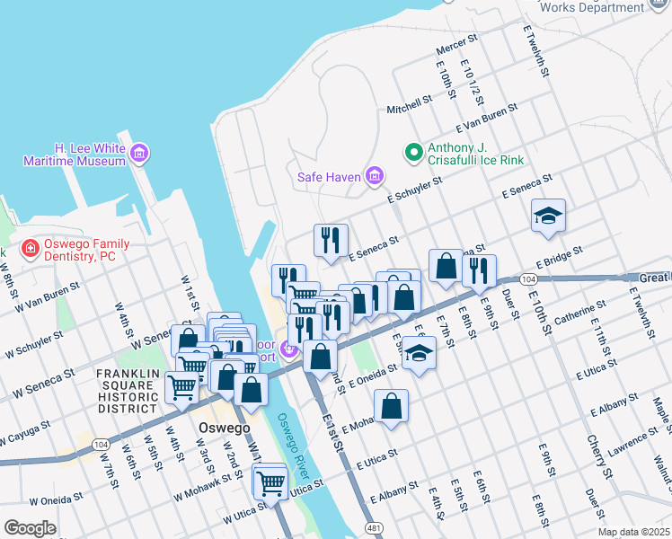 map of restaurants, bars, coffee shops, grocery stores, and more near in Oswego