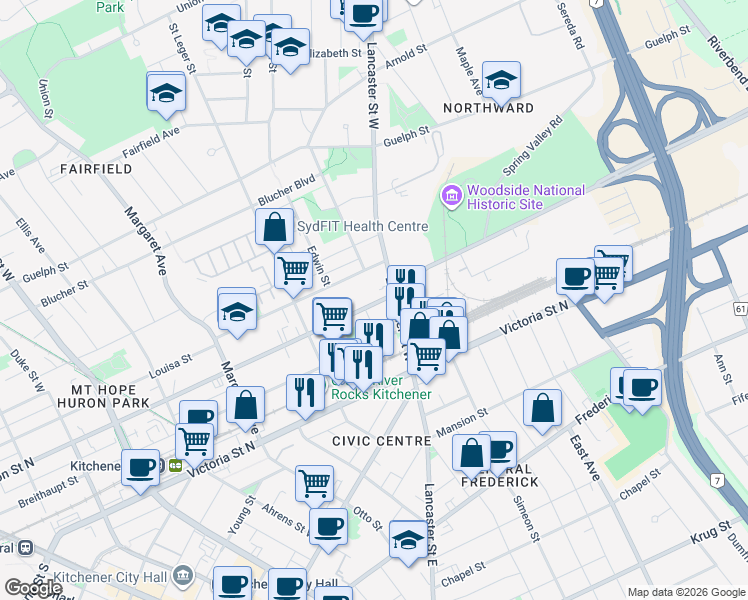 map of restaurants, bars, coffee shops, grocery stores, and more near in Kitchener