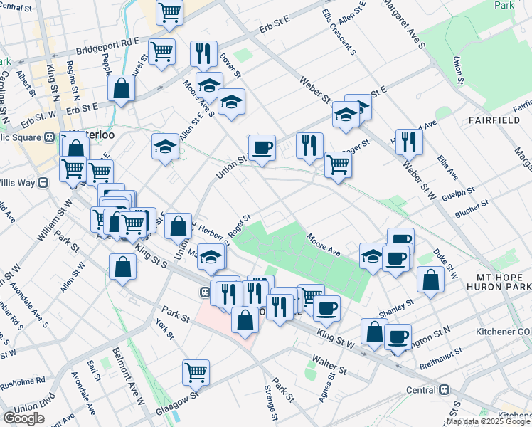map of restaurants, bars, coffee shops, grocery stores, and more near in Waterloo