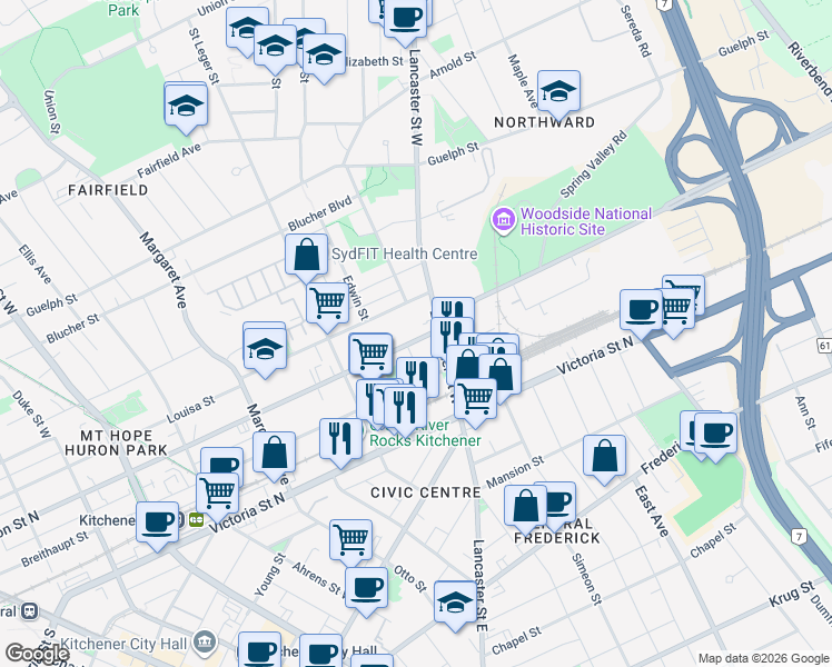 map of restaurants, bars, coffee shops, grocery stores, and more near 408 Wellington Street North in Kitchener