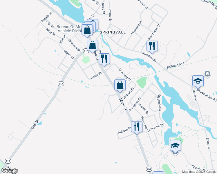 map of restaurants, bars, coffee shops, grocery stores, and more near 103 Main Street in Sanford