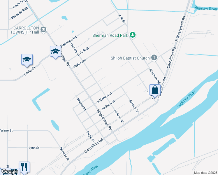 map of restaurants, bars, coffee shops, grocery stores, and more near 3640 Monroe Street in Saginaw