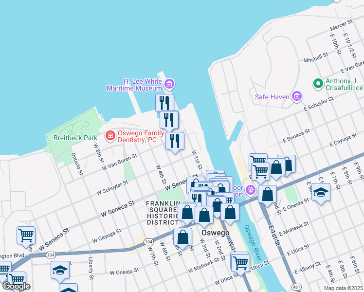map of restaurants, bars, coffee shops, grocery stores, and more near 68 West 1st Street in Oswego