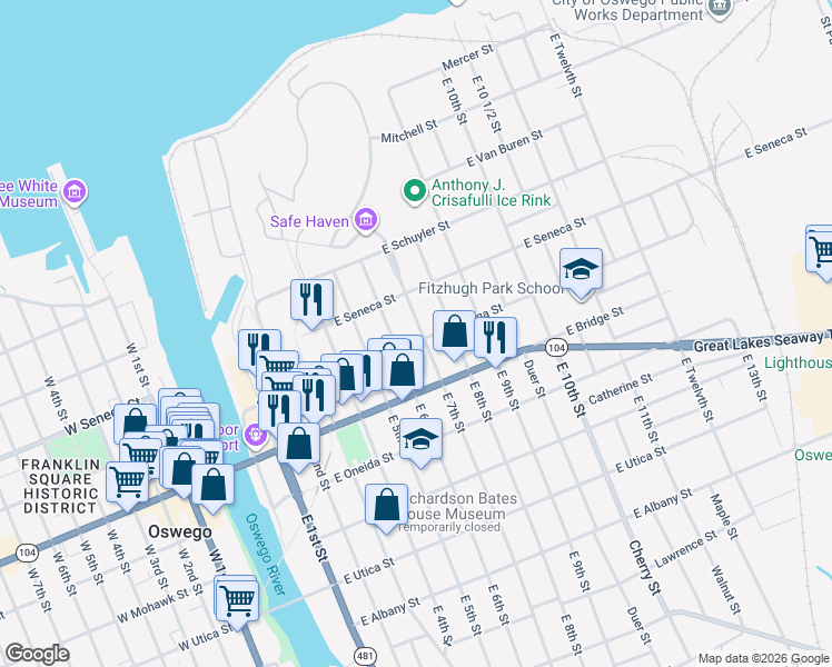 map of restaurants, bars, coffee shops, grocery stores, and more near 39 East 6th Street in Oswego