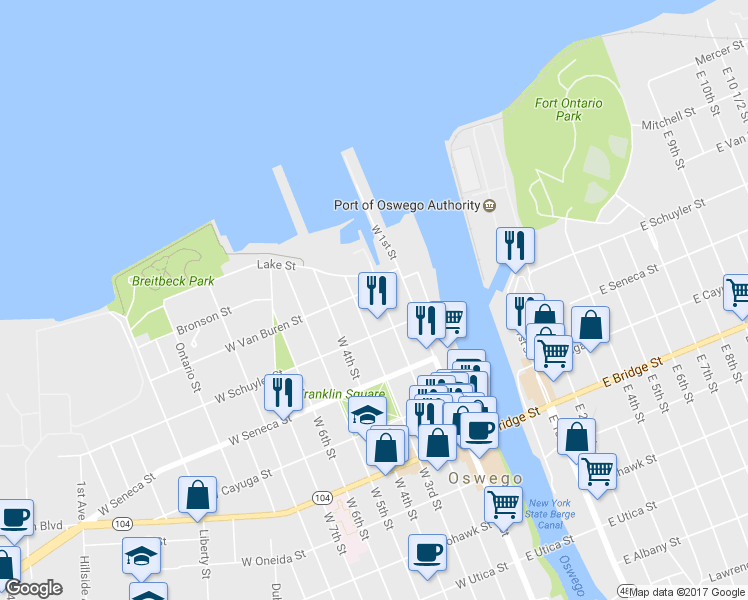 map of restaurants, bars, coffee shops, grocery stores, and more near 24 West 2nd Street in Oswego