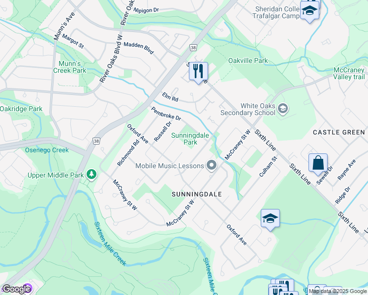 map of restaurants, bars, coffee shops, grocery stores, and more near 103 Ringwood Road in Oakville