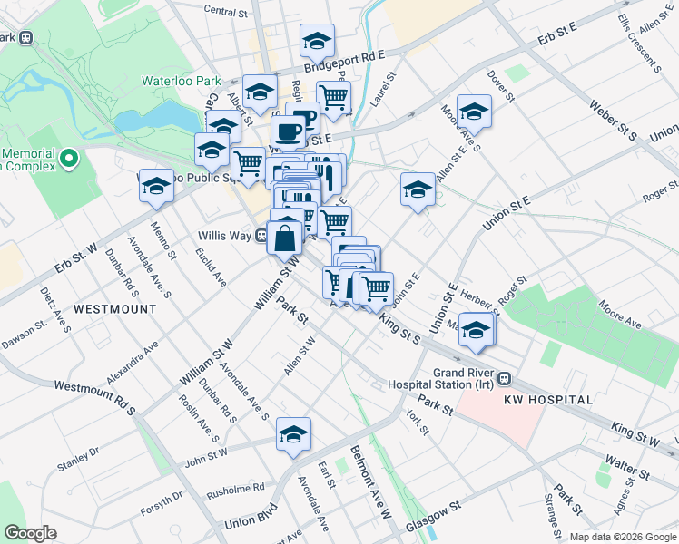 map of restaurants, bars, coffee shops, grocery stores, and more near 172 Waterloo Regional Road 15 in Waterloo