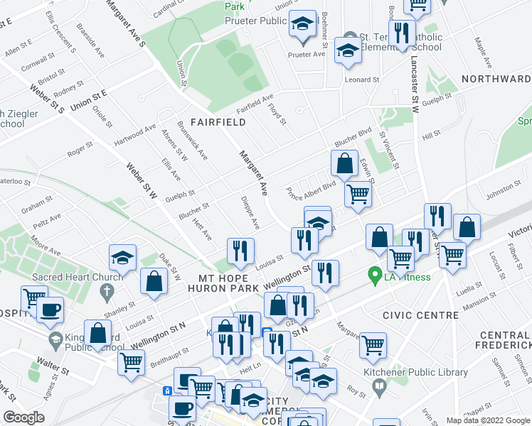 map of restaurants, bars, coffee shops, grocery stores, and more near 189 Margaret Avenue in Kitchener