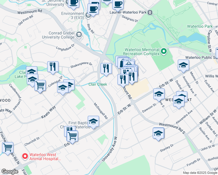 map of restaurants, bars, coffee shops, grocery stores, and more near 265 Westcourt Place in Waterloo
