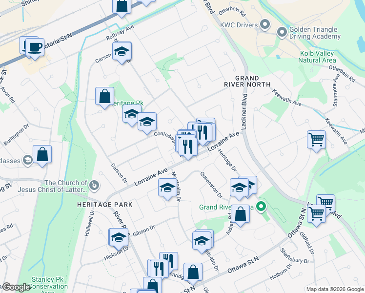 map of restaurants, bars, coffee shops, grocery stores, and more near 144 Confederation Drive in Kitchener