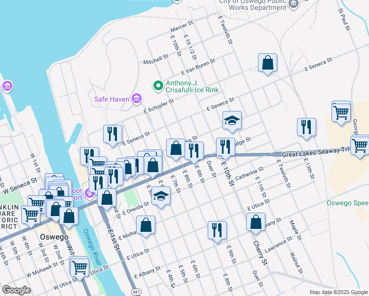 map of restaurants, bars, coffee shops, grocery stores, and more near 152 East 9th Street in Oswego