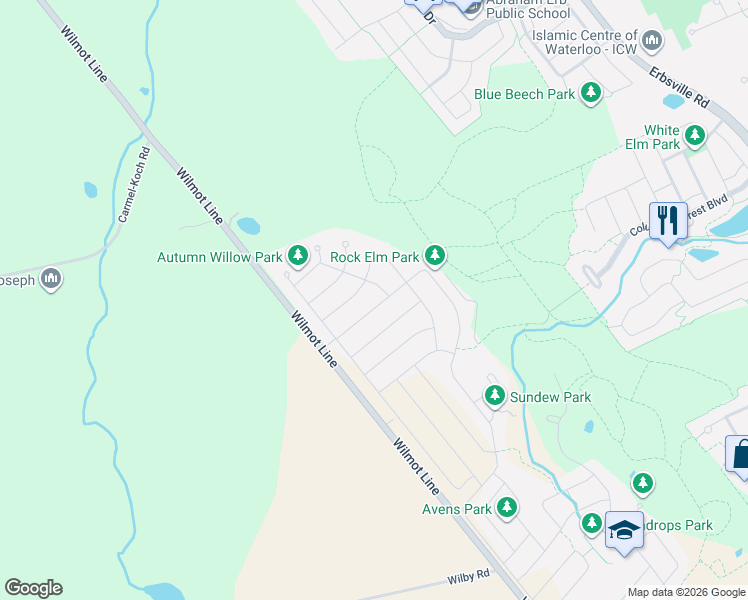 map of restaurants, bars, coffee shops, grocery stores, and more near 730 Rock Elm Street in Waterloo