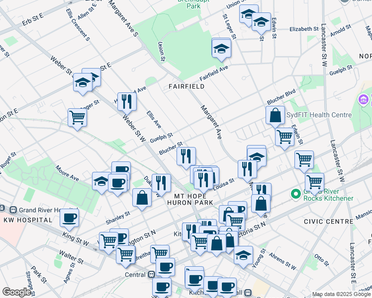 map of restaurants, bars, coffee shops, grocery stores, and more near 215 Ahrens Street West in Kitchener