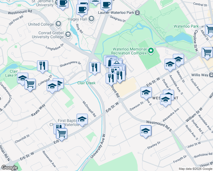 map of restaurants, bars, coffee shops, grocery stores, and more near in Waterloo