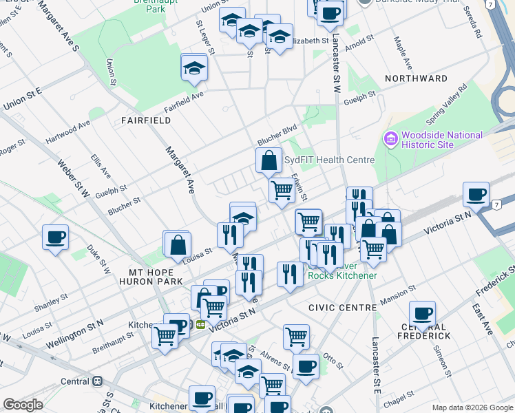 map of restaurants, bars, coffee shops, grocery stores, and more near Cheltenham Mews in Kitchener