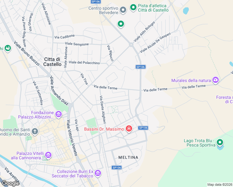 map of restaurants, bars, coffee shops, grocery stores, and more near 9 Via Cecco Angiolieri in Città di Castello