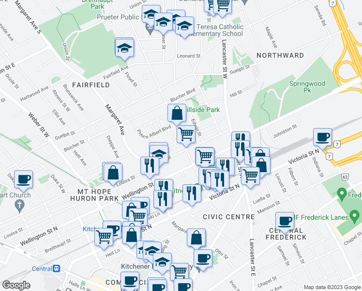 map of restaurants, bars, coffee shops, grocery stores, and more near 125 Saint Leger Street in Kitchener