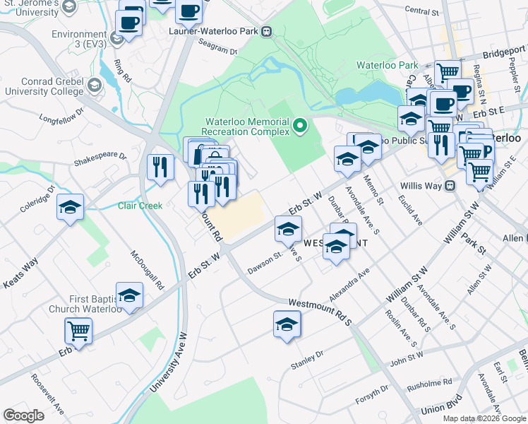 map of restaurants, bars, coffee shops, grocery stores, and more near 9 Dietz Avenue North in Waterloo