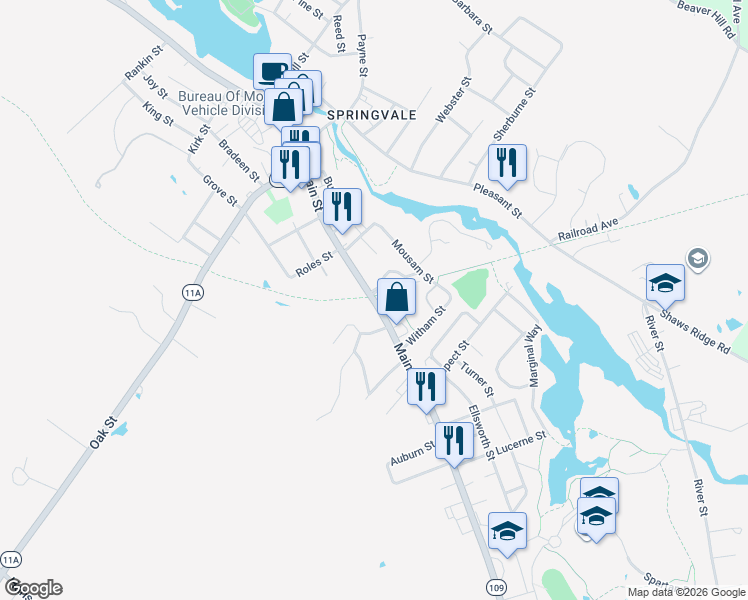 map of restaurants, bars, coffee shops, grocery stores, and more near 103 Main Street in Sanford